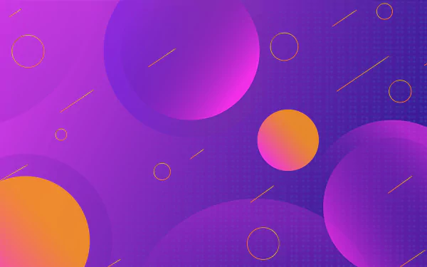 Abstract HD wallpaper featuring pink and violet circles with a gradient effect against a purple background, interspersed with small yellow circles and lines for a modern and vibrant visual appeal.