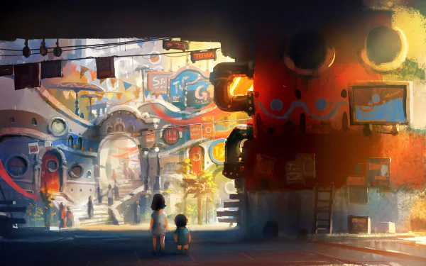 A vibrant fantasy town scene with colorful buildings and two children viewing the bustling streets, rendered in stunning 4K Ultra HD for PC desktop background.
