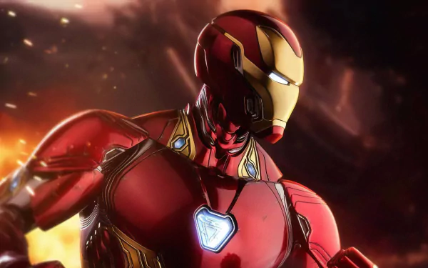 4K Ultra HD comic-style Iron Man portrait with glowing arc reactor and detailed armor, set against a fiery, dynamic background for PC desktop wallpaper.