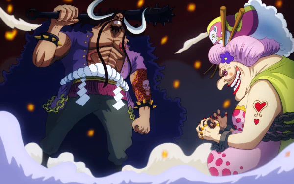 HD anime desktop wallpaper featuring One Piece characters Charlotte Linlin and Kaido in a dramatic nighttime scene surrounded by mist and embers.