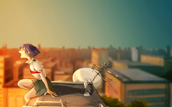 Kyōka Jirō (My Hero Academia) anime HD PC desktop wallpaper/background: Jirō perched on a rooftop at sunset with her earphone jacks and amp, city skyline fading behind her.