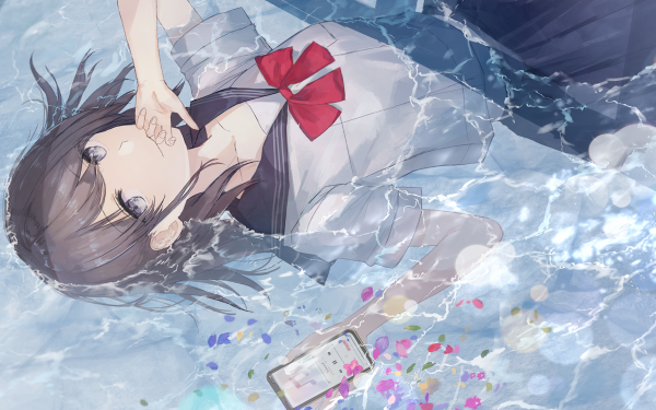 Anime Original Water School Uniform Black Hair Grey Eyes Phone HD Wallpaper | Background Image