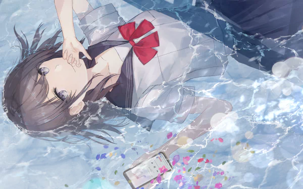 Anime-style HD desktop wallpaper of a girl with black hair and grey eyes in a school uniform, lying partially submerged in water while holding a phone.