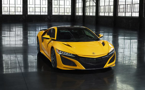 Yellow Acura NSX supercar parked in a spacious industrial loft with reflective floor — 5K Ultra HD PC desktop wallpaper/background, car/vehicle showcase.