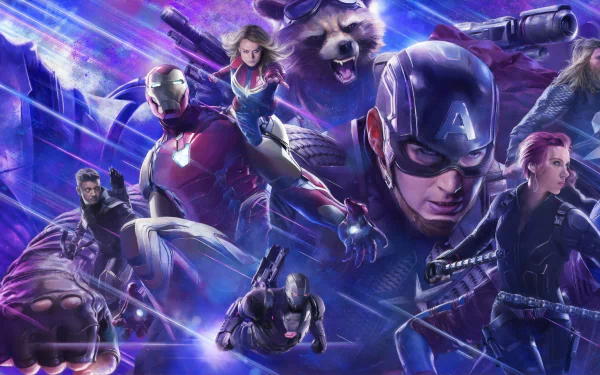 5K Ultra HD Avengers: Endgame wallpaper showing Captain Marvel, Captain America, Iron Man, Thor, Hulk, Black Widow, Hawkeye, Ant‑Man (Scott Lang), War Machine, Rocket, Nebula and Thanos.