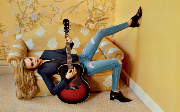 denim sofa guitar blonde model actress English Celebrity Cara Delevingne HD Desktop Wallpaper | Background Image
