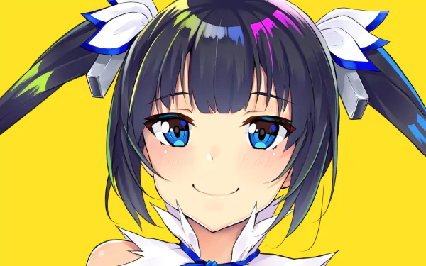HD desktop wallpaper close-up of Hestia (Is It Wrong to Try to Pick Up Girls in a Dungeon?), smiling with blue eyes, twin tails and white ribbons against a bright yellow background.
