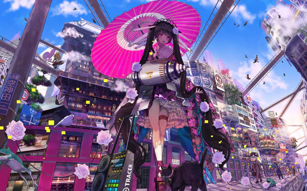 Anime wallpaper featuring a girl with long black hair, pink eyes, and a dress, holding a pink umbrella in a futuristic city with flowers and a bomb.