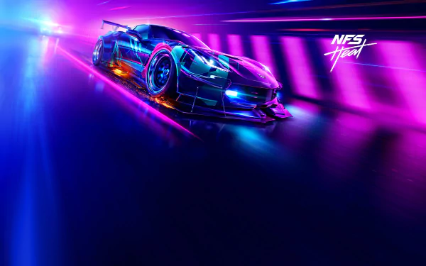 HD desktop wallpaper featuring a sleek car from the video game Need for Speed Heat, illuminated by vibrant neon lights in a dynamic racing scene.