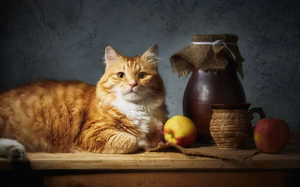 HD PC desktop wallpaper: ginger tabby cat reclining on a wooden table beside rustic pottery and apples against a textured dark background. Animal, cat.