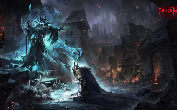 A dark, undead necromancer sorcerer confronts a kneeling knight warrior amid a fiery, ruined castle in this HD PC desktop wallpaper.