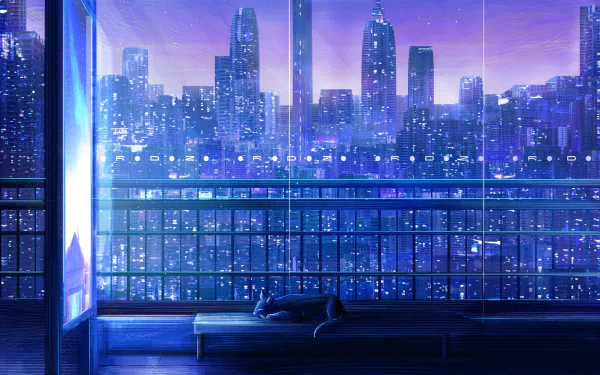 HD Anime cityscape wallpaper featuring a tranquil cat resting at a bus stop, with a glittering skyline in the background.