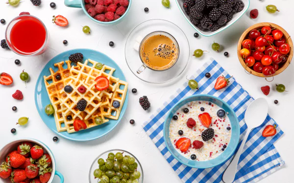 blackberry raspberry cherry strawberry fruit still life oatmeal waffle coffee berry food breakfast HD Desktop Wallpaper | Background Image