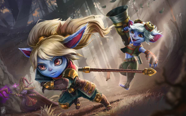 4K Ultra HD League of Legends PC desktop wallpaper of yordles Lulu, Tristana and Poppy racing through a misty forest, bright colors, whimsical magic and kinetic action.