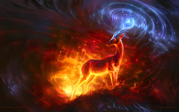 4K Ultra HD PC desktop wallpaper background: a magic fantasy antelope — a glowing fantasy animal with fiery hooves and a swirling blue cosmic aura over a red-black nebula.