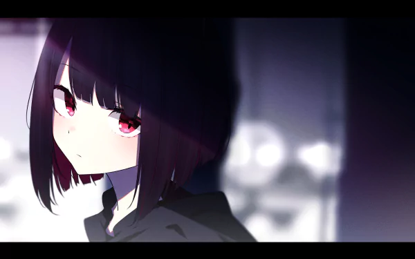 HD desktop wallpaper featuring an original anime character with red eyes and dark hair, creating a striking and atmospheric visual.