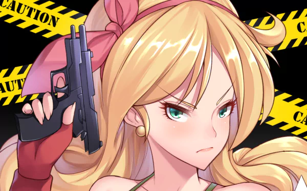 HD PC desktop wallpaper of Launch (Dragon Ball): blonde anime woman with gun, fierce green eyes and pink bow, posed against a black-and-yellow caution-tape background.