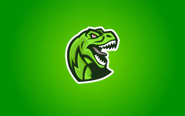 Minimalist green dinosaur illustration with sharp teeth and fierce eyes on a smooth gradient background, rendered in 8K Ultra HD for PC desktop wallpaper.