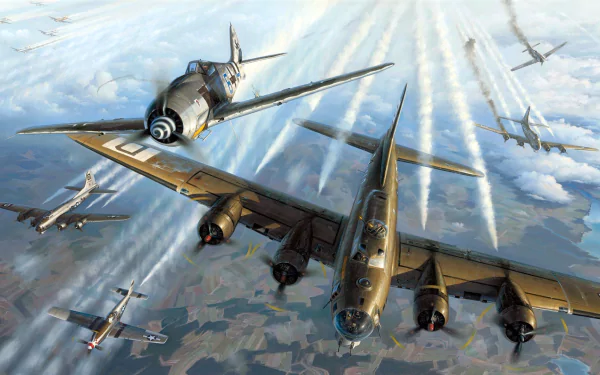 HD desktop wallpaper featuring a dramatic aerial scene with a Focke-Wulf Fw 190 warplane and a Boeing B-17 Flying Fortress bomber in military flight formation.