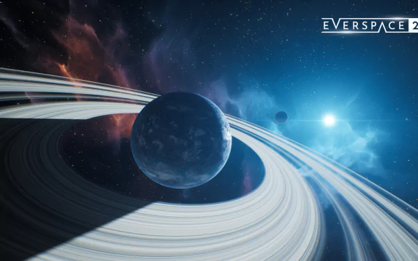 A stunning HD desktop wallpaper featuring a planet with rings from the video game Everspace 2, set against a backdrop of stars and cosmic clouds.