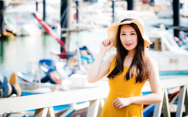 depth of field model brunette yellow dress hat woman asian HD Desktop Wallpaper | Background Image