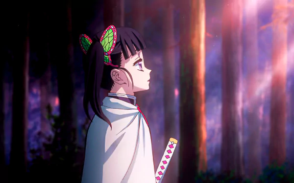 HD desktop wallpaper featuring Kanao Tsuyuri from Demon Slayer: Kimetsu no Yaiba set against a mystical forest background.