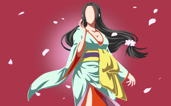 Minimalist 4K Ultra HD anime wallpaper featuring Boa Hancock from One Piece, with flowing hair and kimono-style outfit against a rich red background with falling petals.