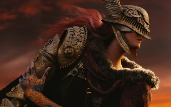 HD desktop wallpaper of Malenia Blade of Miquella from Elden Ring, featuring the character in armor against a sunset sky.