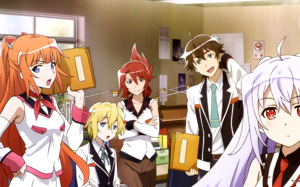 This HD desktop wallpaper features characters Kazuki Kuwanomi, Zack, Michiru Kinushima, Tsukasa Mizugaki, and Isla from the anime Plastic Memories, depicted in a lively office setting.