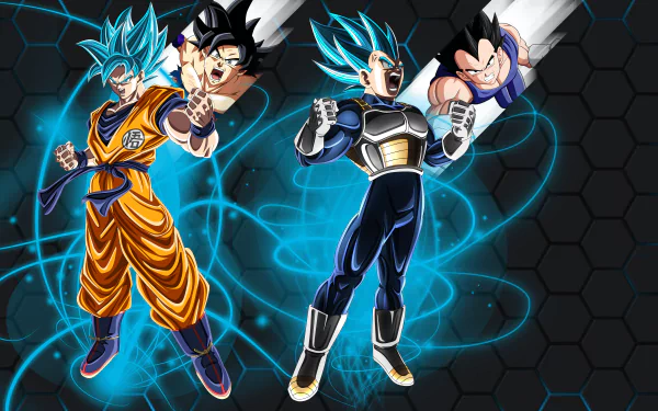 4K Ultra HD Dragon Ball Super PC wallpaper featuring Goku and Vegeta in dynamic battle poses with glowing blue energy on a dark hexagonal background.