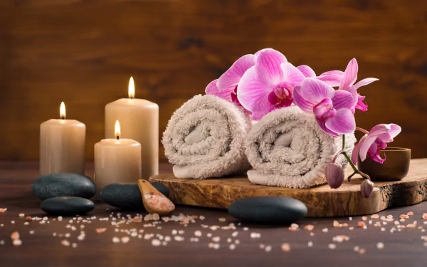pink flower orchid candle towel flower man made spa HD Desktop Wallpaper | Background Image