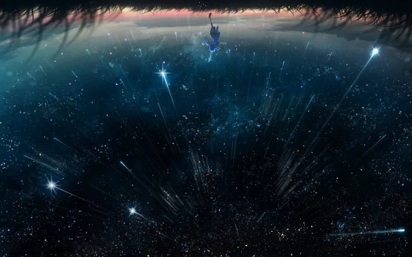 HD Anime desktop wallpaper featuring a starry sky with shooting stars, viewed from a grassy hilltop. An original depiction with a sense of depth and beauty.