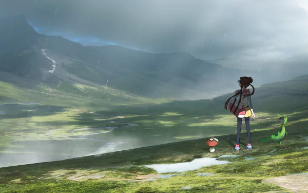 HD wallpaper of a landscape from Pokemon: Black and White 2. A trainer and their Pokémon companion stand on a lush green hill under a cloudy sky, with mountains in the distance.