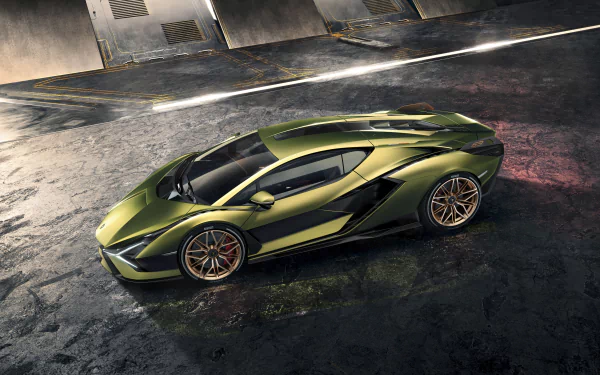 A green Lamborghini Sián FKP 37 supercar showcased in 8K Ultra HD as a sleek vehicle on a textured concrete surface.
