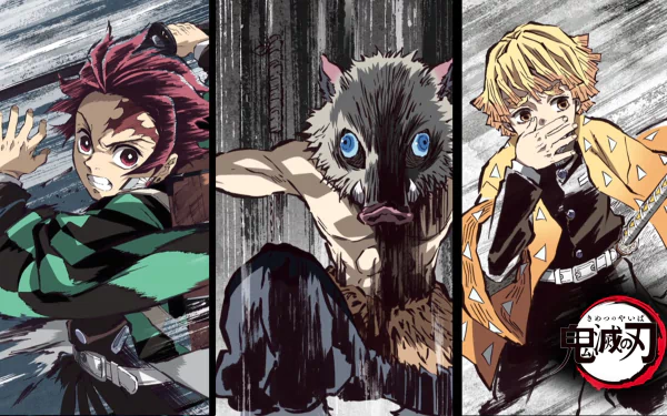 HD desktop wallpaper featuring Tanjiro Kamado, Inosuke Hashibira, and Zenitsu Agatsuma from Demon Slayer: Kimetsu no Yaiba, set against a wooden backdrop.