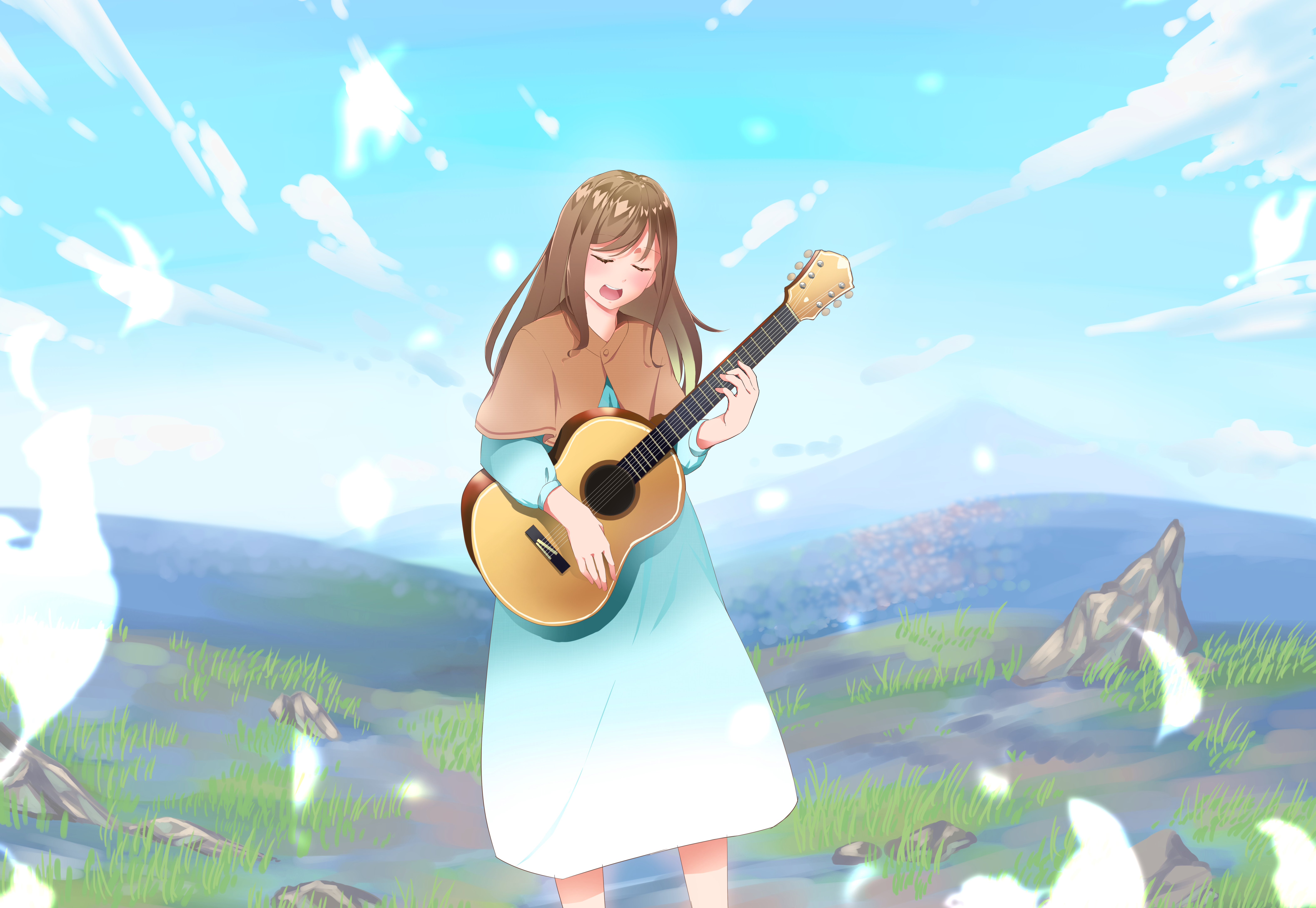 Bocchi the Rock anime girl with pink hair blue eyes playing guitar 2K  wallpaper download