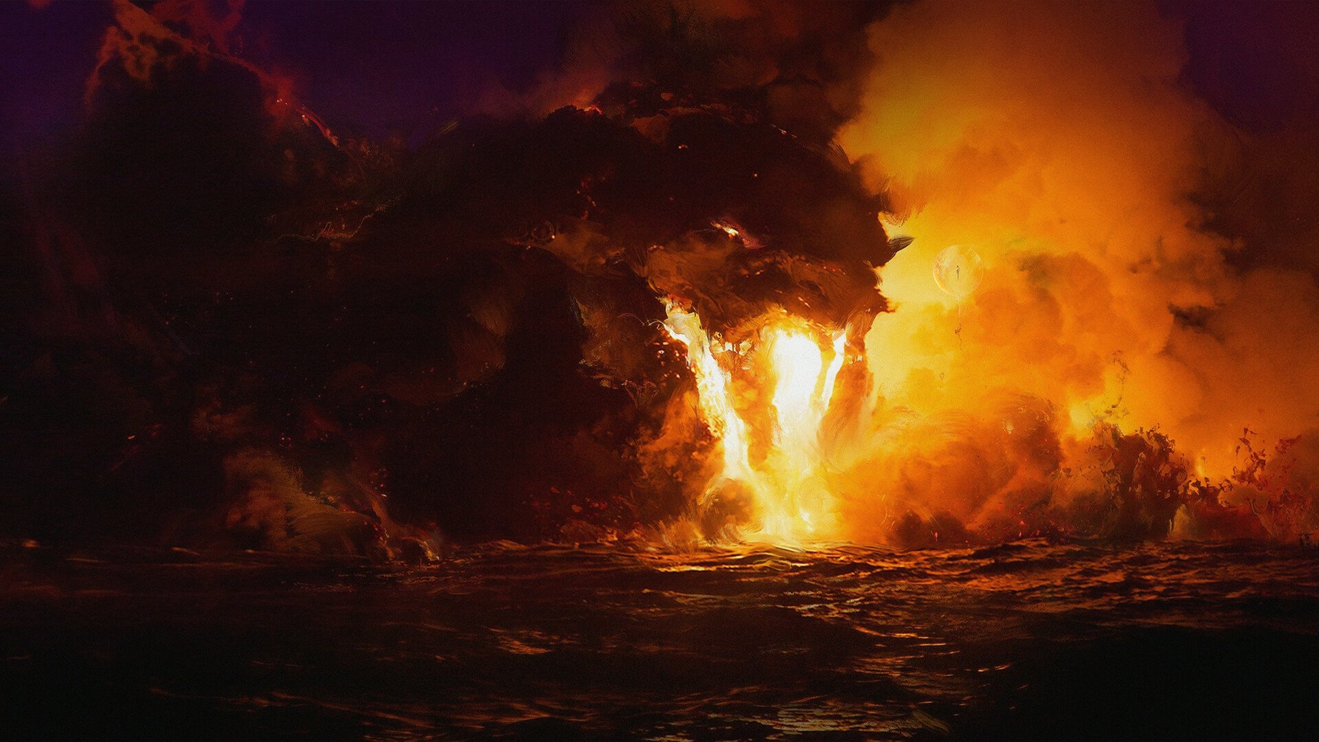 HD desktop wallpaper depicting a fiery, fantastical scene with a dragon emerging from flames and smoke. The image evokes a dramatic and intense atmosphere.