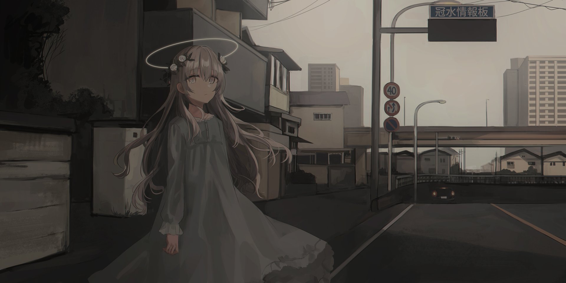 Anime original character with long grey hair and grey eyes stands in a dimly lit urban street, captured in an HD PC desktop wallpaper style.