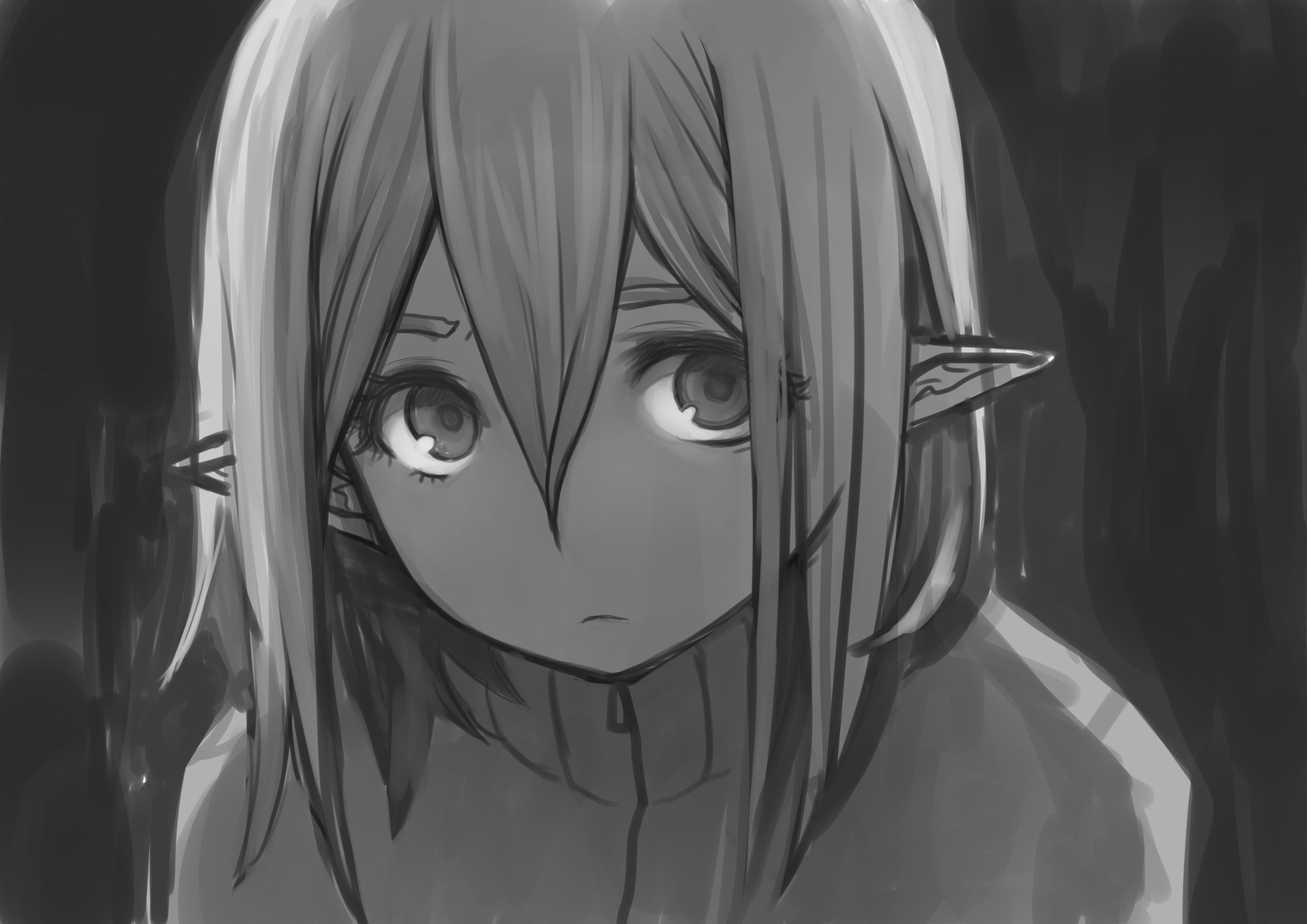 Black and white original anime illustration featuring a somber elf character, designed as a 4K Ultra HD PC desktop wallpaper and background.