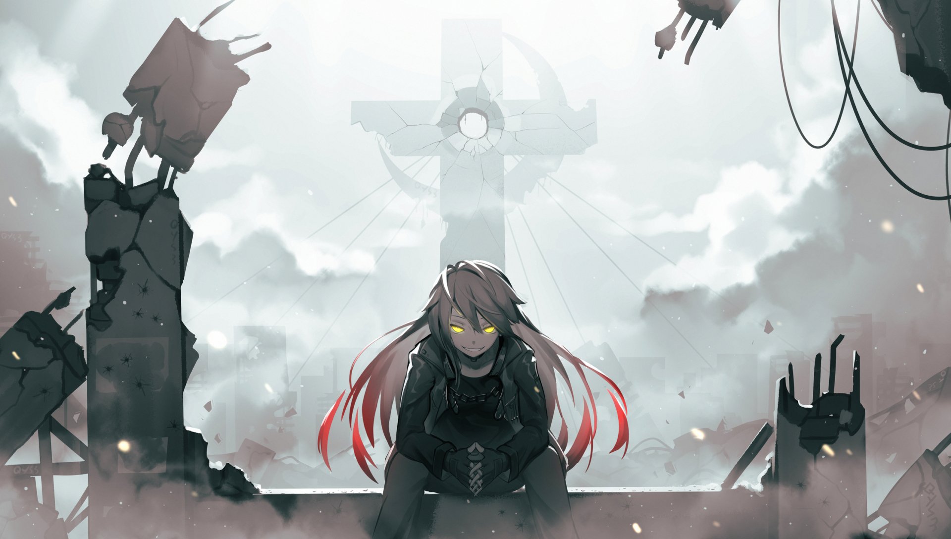 HD Anime desktop wallpaper featuring a character from Pixiv Fantasia T set against a post-apocalyptic backdrop with a large cross and debris in the background.