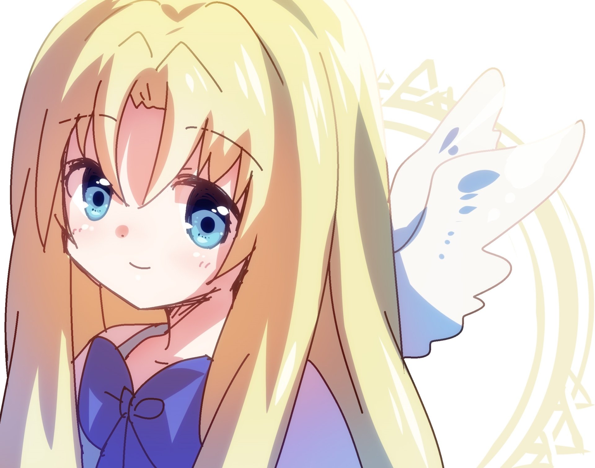 HD PC wallpaper: close-up of Filo from The Rising of the Shield Hero, blonde anime girl with big blue eyes, ribbon and feathered wing motif.