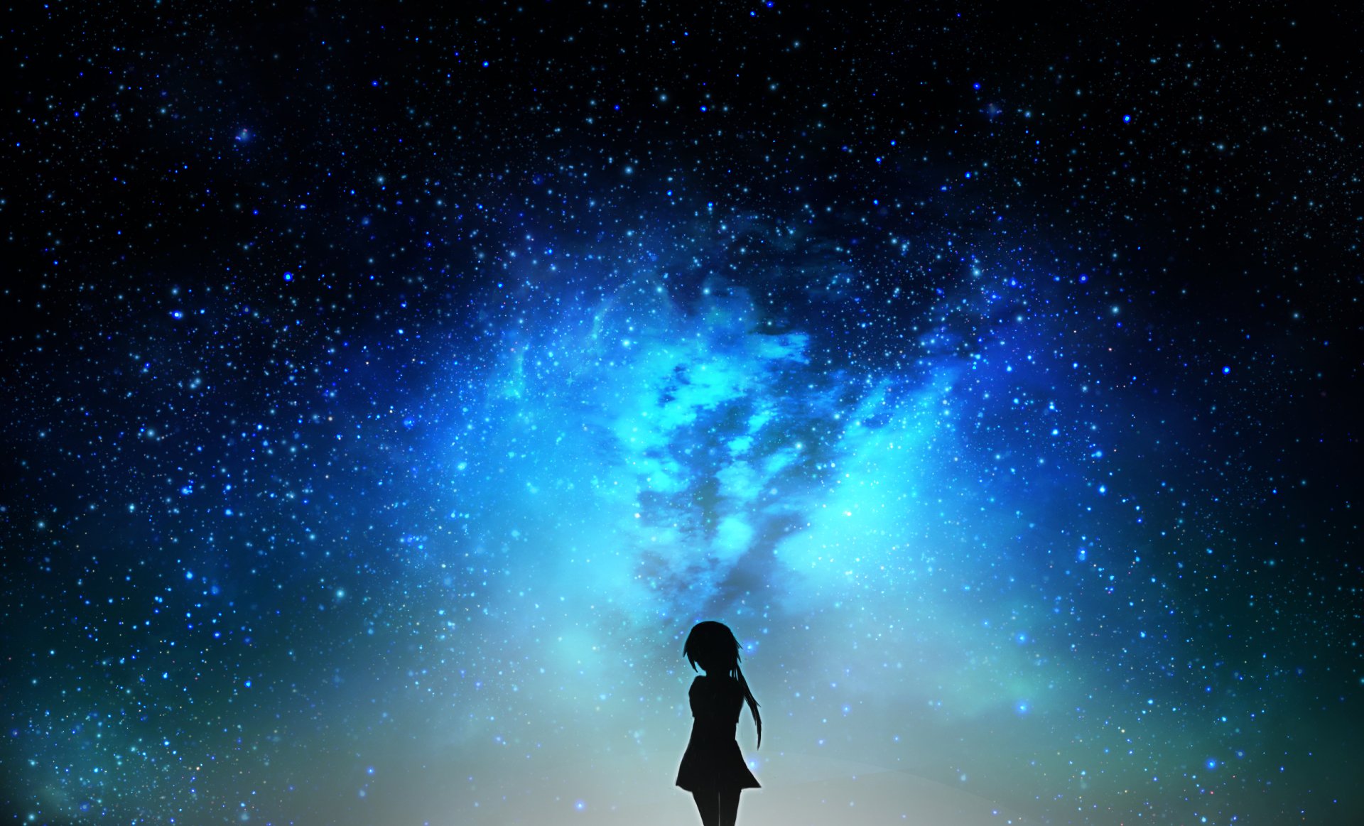 Anime-style HD desktop wallpaper depicting a silhouette of a person under a vivid, starry night sky with a glowing blue nebula.