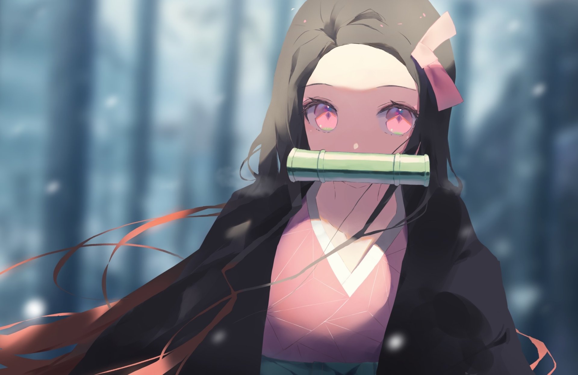 HD desktop wallpaper featuring Nezuko Kamado from the anime Demon Slayer: Kimetsu no Yaiba, set against a serene, snowy background. Nezuko is depicted with her signature bamboo muzzle and pink attire.