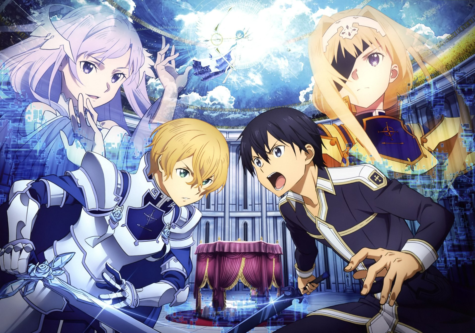 HD desktop wallpaper featuring characters Eugeo, Alice Zuberg, Quinella, and Kazuto Kirigaya (Kirito) from Sword Art Online: Alicization in an intense and dynamic scene from the anime series.