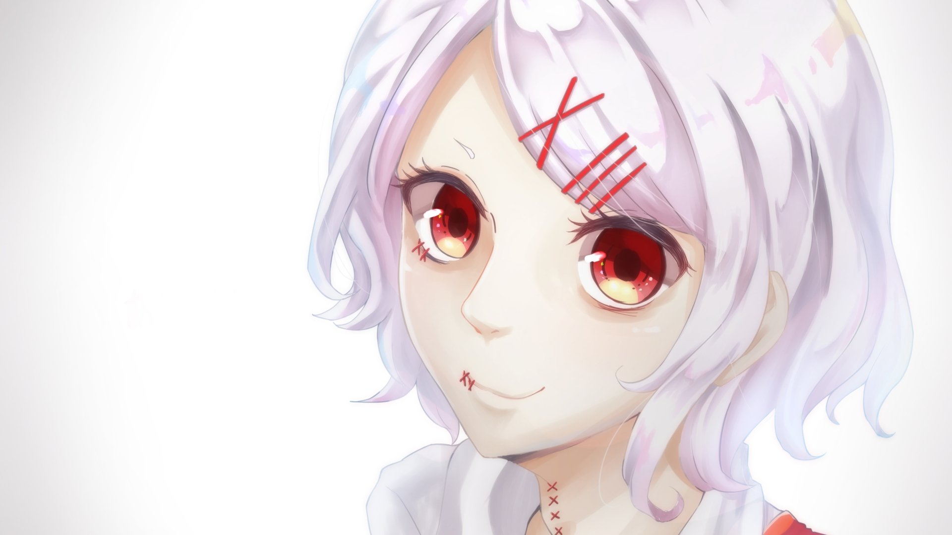 Juuzou Suzuya (Tokyo Ghoul) anime close-up: pale white hair, red stitched scars and piercing red eyes — 2K Quad HD PC desktop wallpaper/background.