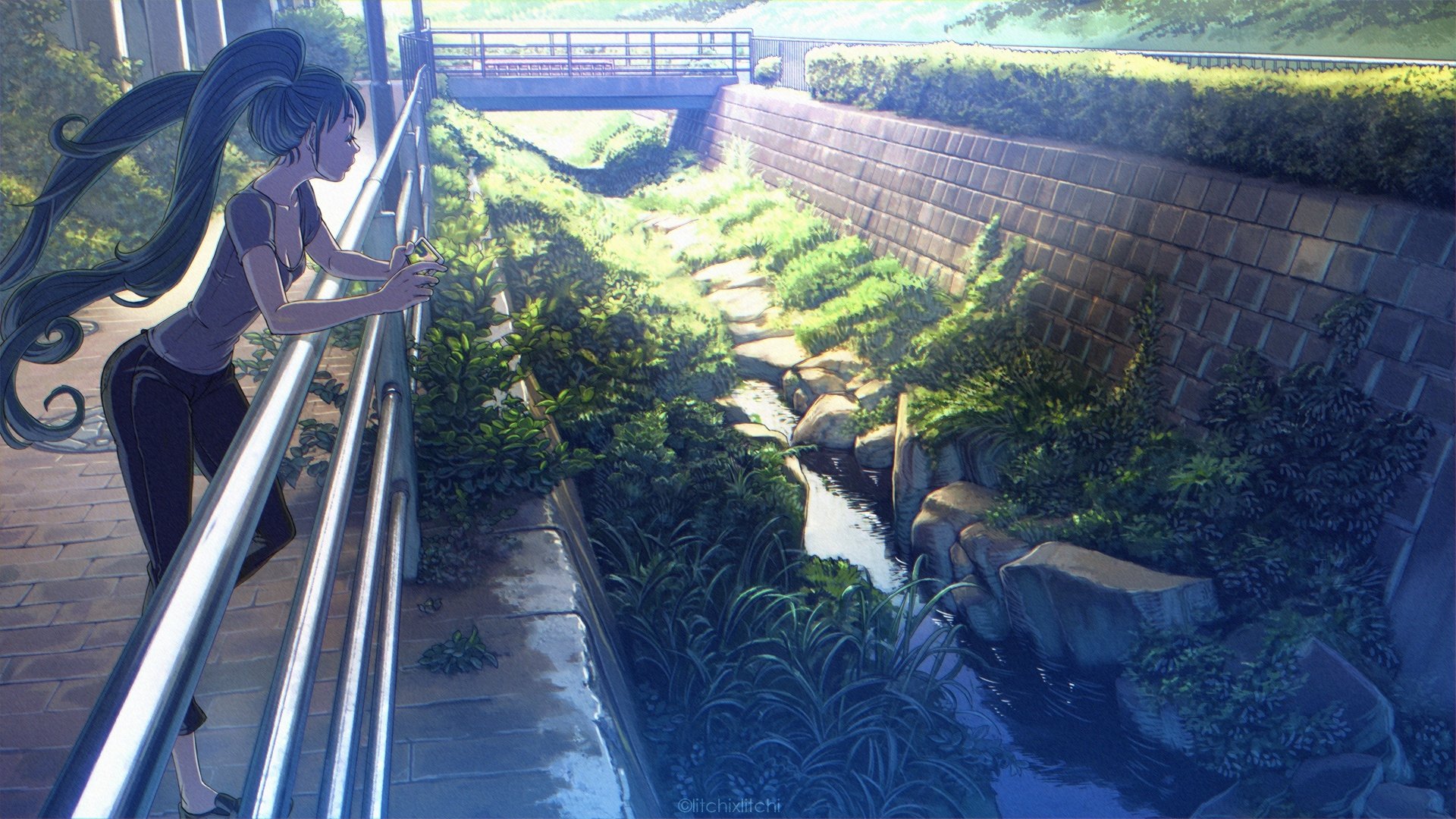 HD PC desktop wallpaper featuring Hatsune Miku with long hair, depicted in anime style from the Vocaloid series, standing by a sunlit stream under a bridge.