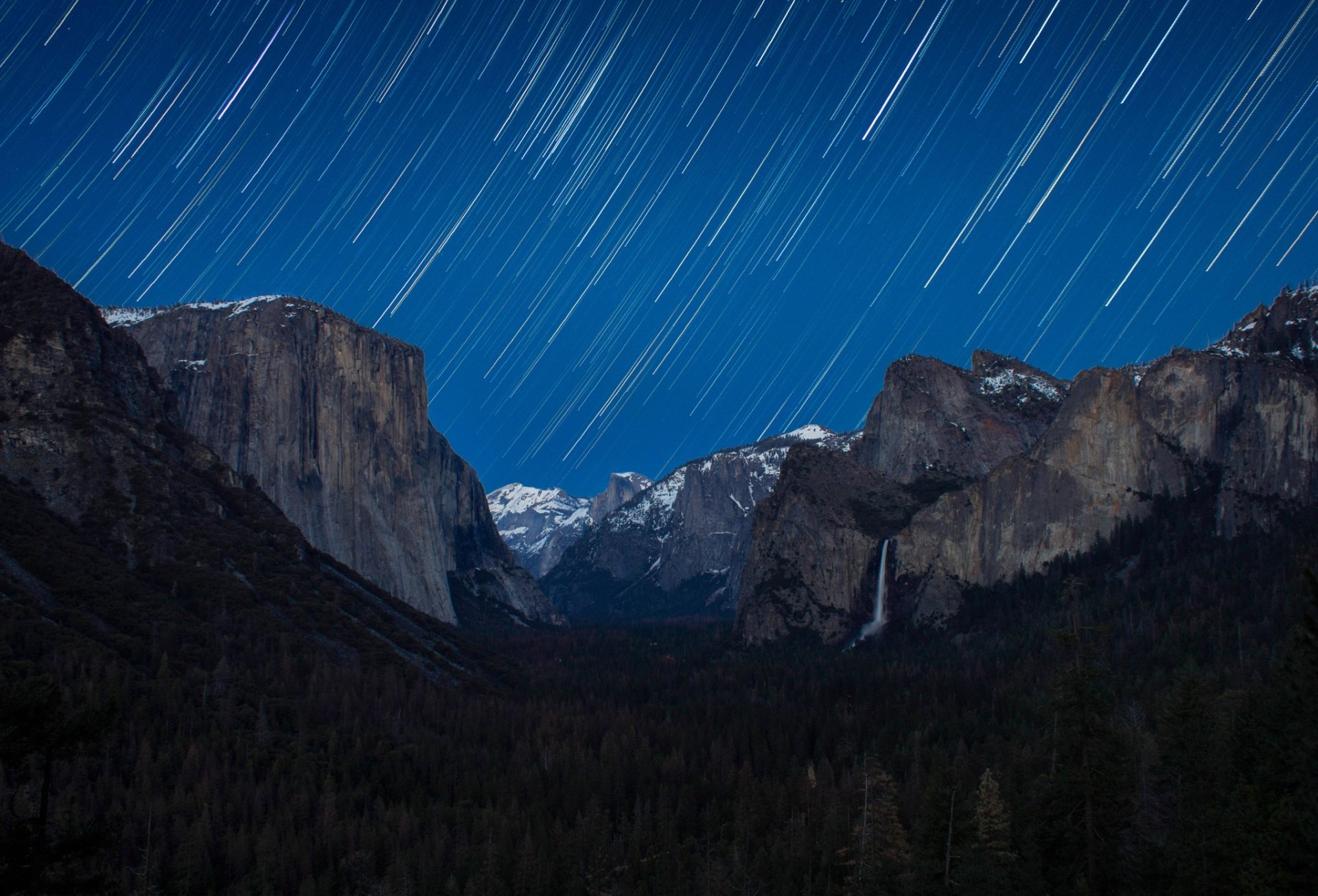 Download Star Trail Cliff Star Forest Night Mountain Sky Nature Yosemite National Park HD Wallpaper