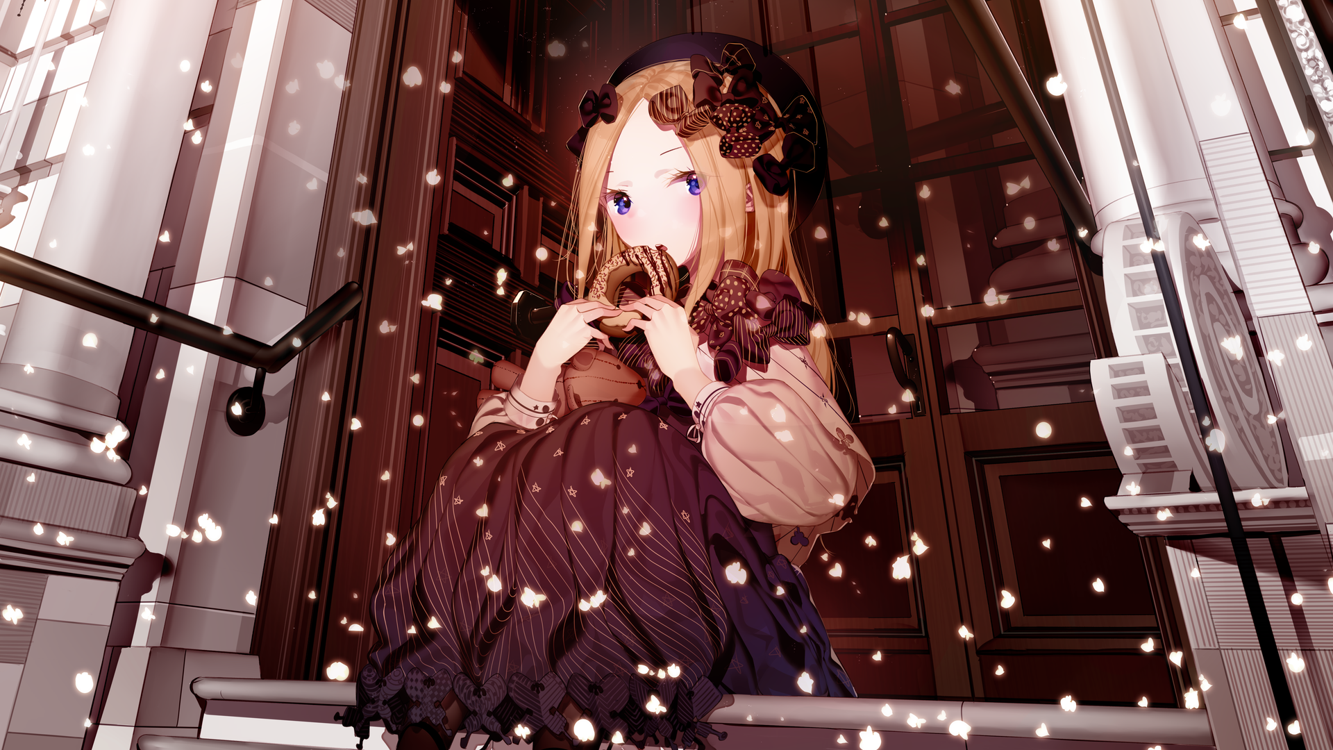 Anime-style HD wallpaper featuring Abigail Williams from Fate/Grand Order with long blonde hair, blue eyes, and an elegant dark dress in a detailed indoor setting.