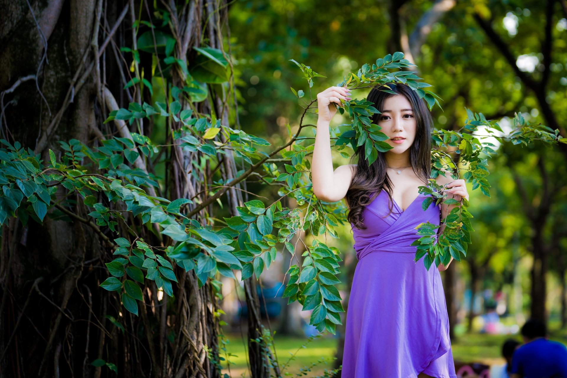 Download Depth Of Field Purple Dress Black Hair Model Woman Asian 4k Ultra HD Wallpaper