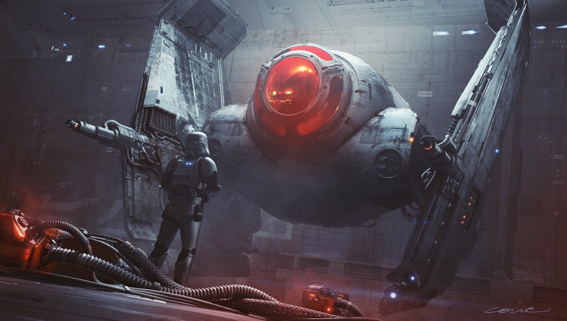 HD PC desktop wallpaper: Star Wars sci‑fi scene of a stormtrooper standing before a TIE Fighter with a glowing red cockpit inside a dim hangar.